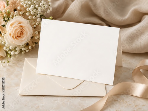 Blank wedding invitation card with elegant rose bouquet. Minimalist stationery design for romantic bridal shower or engagement announcement.