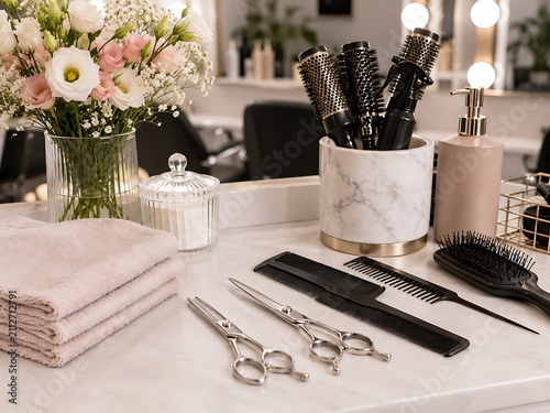 Professional barber tools and grooming essentials on marble countertop. Stylish salon scissors, razors, and brushes arranged for precision haircutt...