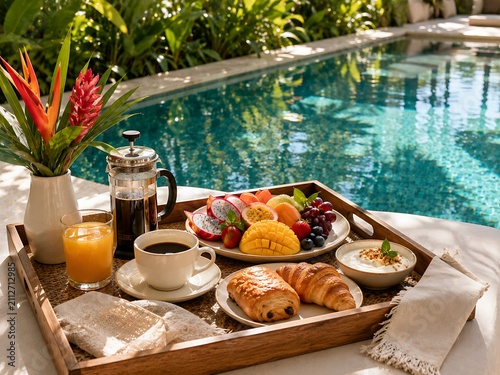 Poolside brunch with fresh fruit and pastries. Outdoor breakfast spread featuring tropical vibes and summer dining.