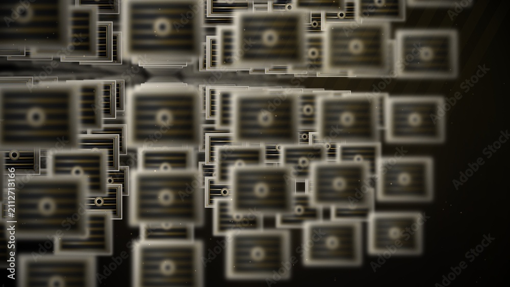 Fototapeta premium Macro studio photograph of endless looping generic ventilation plenum box core arrays with obsidian raw ceramic and gold accents
