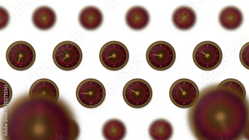 Bioluminescent barometric pressure dial arrays made of brushed gold metal with warm sunset gradient isolated on white background