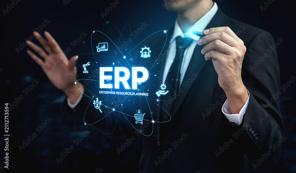 Obraz premium ERP platform visual showing centralized system for enterprise resource planning, improving integration, data flow, business efficiency, finance, inventory, and human resources. Spline