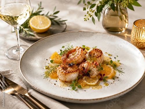 Grilled scallops with lemon butter sauce served on white plate. Fresh seafood dish garnished with herbs and citrus for fine dining.