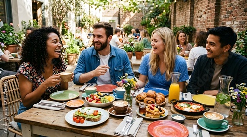 Group of people sitting around a table eating in a warm gathering and dining scene