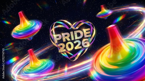 Pride 2026 heart with neon spinning tops