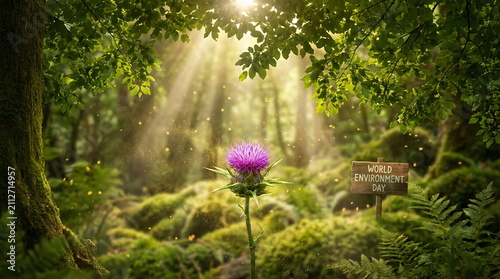 Purple flower in sunlit forest for World Environment Day.
