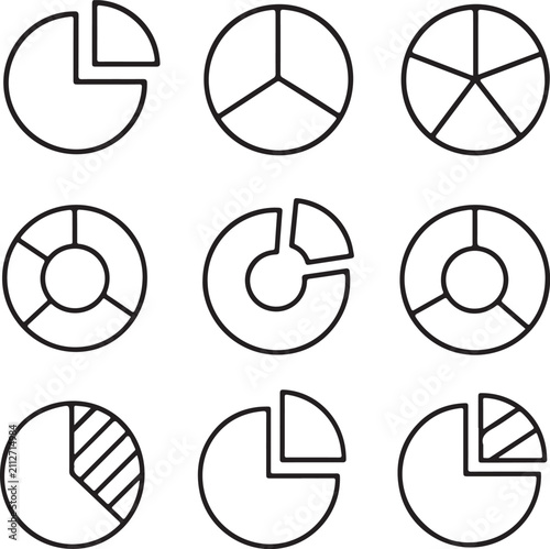 A collection of simple black line art pie chart icons are arranged in a grid pattern.