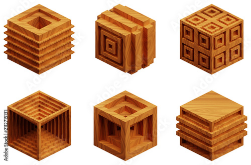 Wood Cube Abstract Shape 3D Icon Pack Isolated On The White Background