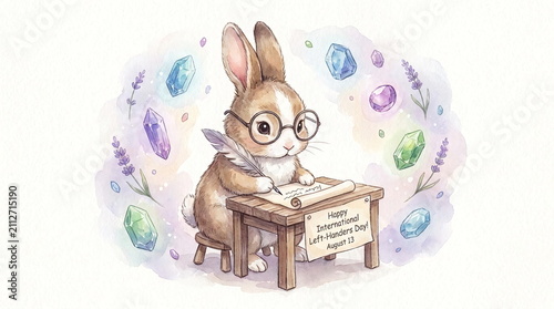Rabbit writing at desk for International Left-Handers Day.
