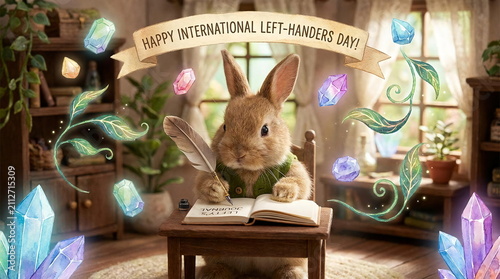 Rabbit writing with quill for International Left Handers Day