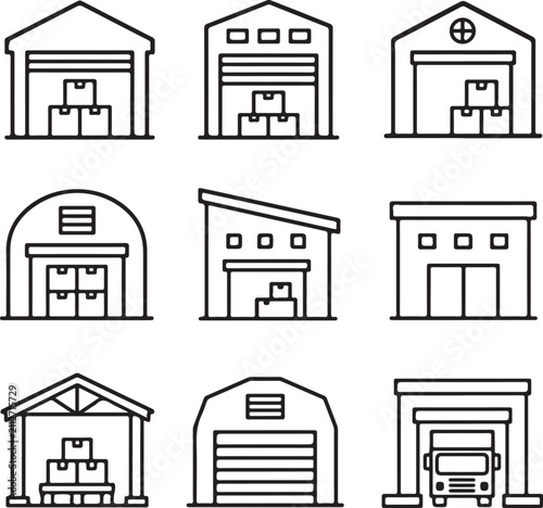 A collection of simple black line icons depicting various warehouse and storage buildings.