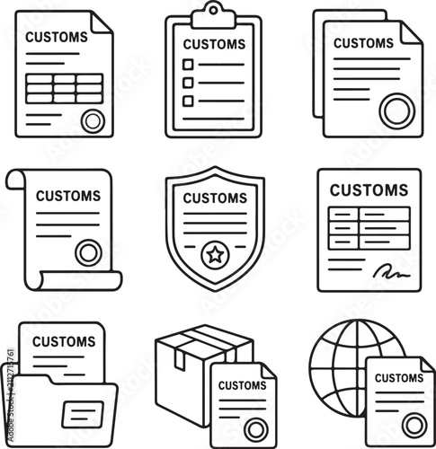 A collection of black and white line art icons representing customs documents and shipping.