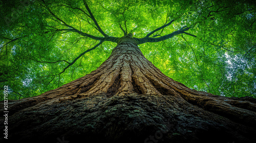 Majestic Ancient Oak Tree Canopy, Looking Up From Base, Lush Green Leaves, Sunlight Rays, Forest Nature Background
