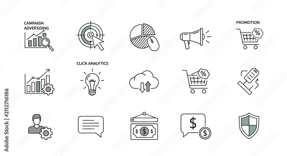 Fototapeta premium A collection of thin-line marketing and business icons arranged in a grid on a clean white background.