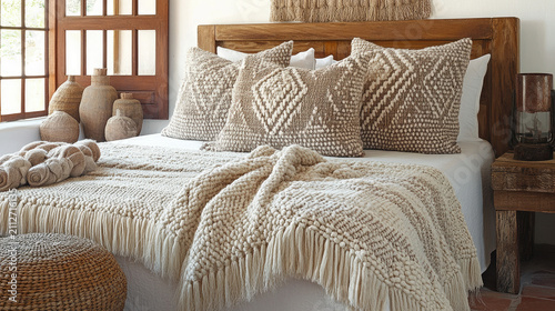Cozy Bohemian Bedroom Interior with Textured Bedding, Plush Pillows, and Natural Elements