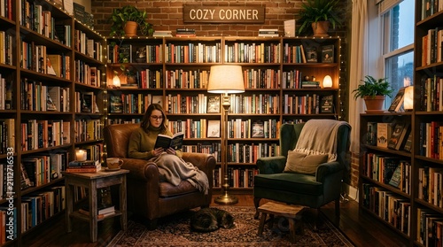 Woman sitting in a chair in a library in a quiet reading and study atmosphere