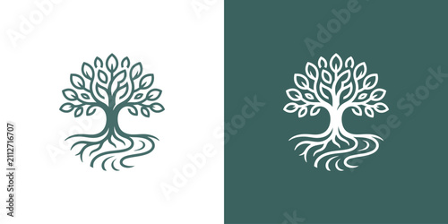 Elegant tree logo with intricate roots and leaves, symbolizing nature, growth, and sustainability
