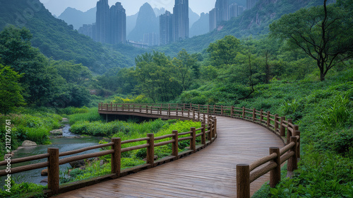 Winding Wooden Pathway Through Lush Green Mountain Valley with Distant Cityscape
