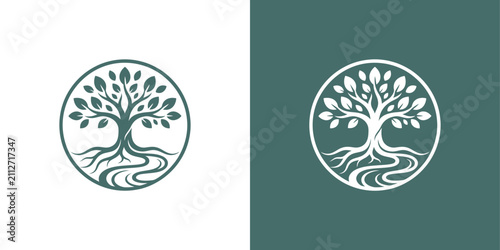 Minimalist tree of life logo design with intricate roots and leaves inside a circle on split backgrounds