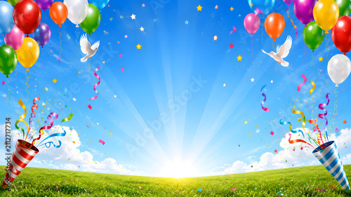 festive balloons in the sky with doves and confetti