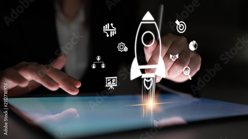 Obraz na płótnie Startup growth begins with innovation, rocket-inspired momentum, and early-stage strategies that power business development and entrepreneurial success