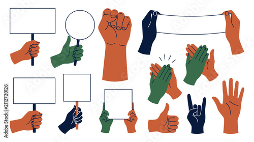 Collection of diverse flat vector hands holding blank placards and banners with various gestures like clapping and fists, representing community activism and illustrating public protest