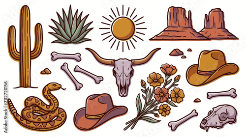 Vintage western desert collection with saguaro cactus, rattlesnake, bull skull, cowboy hats, sun and monument valley buttes, symbolizing wild west culture and illustrating desert aesthetics
