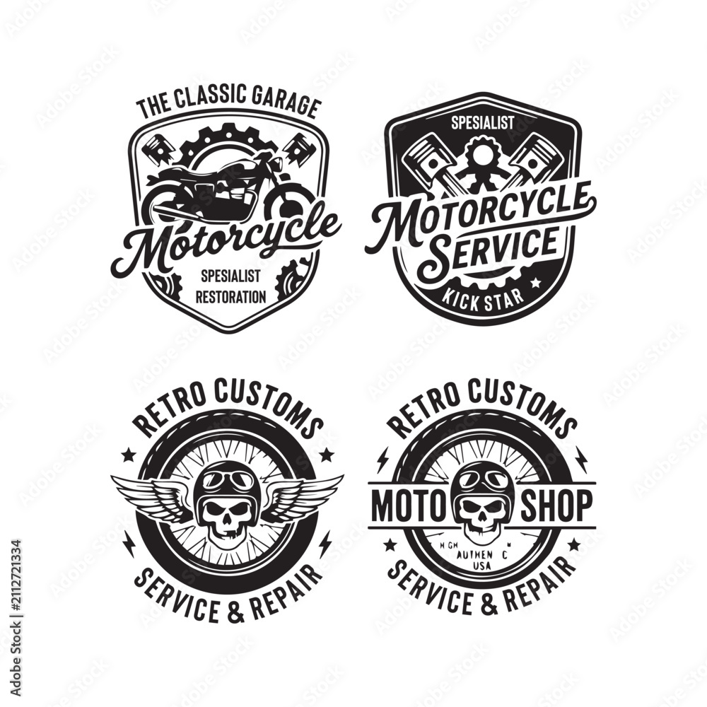 Fototapeta premium Retro Custom Motorcycle Garage Logo Badge Collection Skull Helmet Vintage Vector