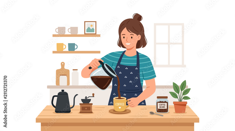 Fototapeta premium Woman pouring coffee into a cup, morning kitchen scene
