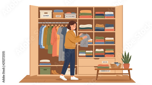 Woman organizing her well-managed closet with folded clothes.