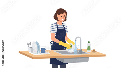 Woman washing dishes in the kitchen sink.