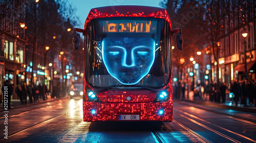 Futuristic Red Bus with Digital Face Display on City Street at Night, AI Technology Concept