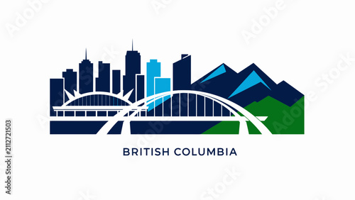Modern British Columbia Skyline Vector Illustration Featuring Skyscrapers Bridges and Mountain Range