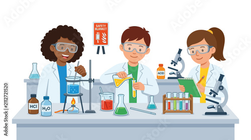 Diverse children conducting chemistry experiments in a school lab illustration.