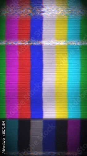 Retro VHS Glitch Color Bars Analog Tape Distortion Background Seamless Loop in rich cyan tones vertical 9:16