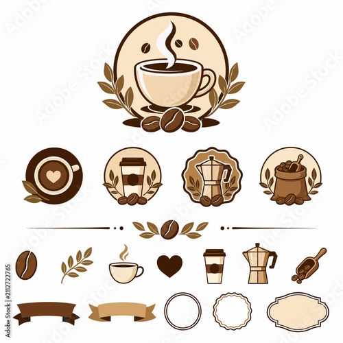 A set of coffee-themed vector illustrations features cups, beans, and brewing equipment.