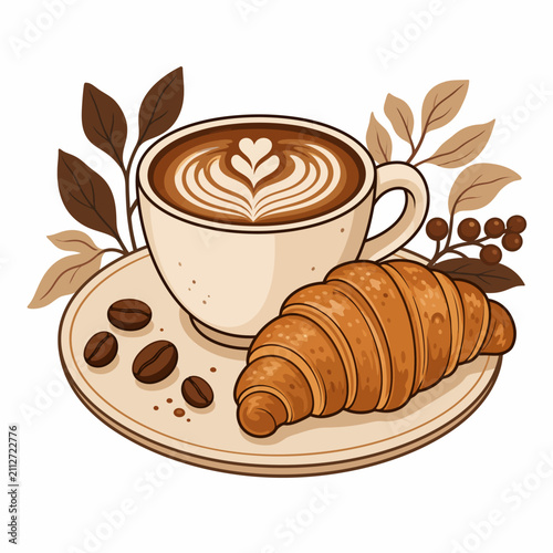 A hand-drawn illustration depicts a cup of latte with coffee beans and a fresh croissant.