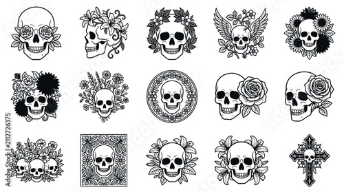 Skulls and Flowers Vector Illustrations - Gothic Art Collection