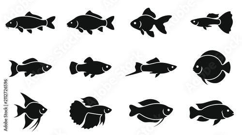 Fotografie Diverse collection of freshwater fish silhouettes in various shapes and sizes