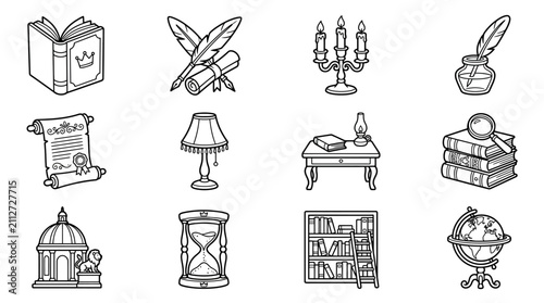 Vintage Education and Knowledge Icons: Books, Scrolls, Quill, Globe