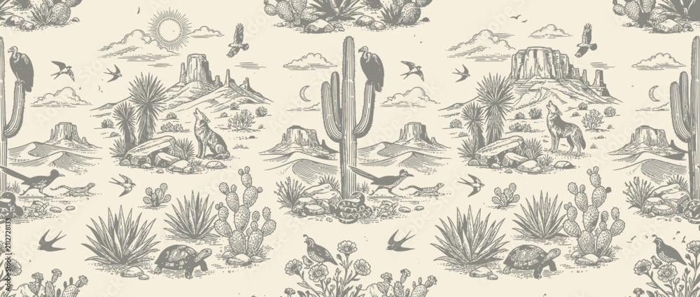 Fototapeta premium Desert Landscape Sketch Seamless Pattern with Wildlife