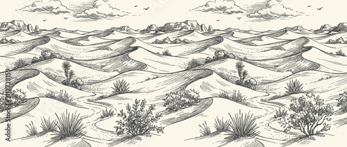 Quadro su tela Hand-Drawn Desert Landscape with Sand Dunes and Sparse Vegetation