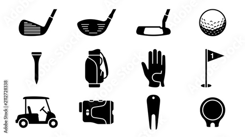 Bild auf Leinwand Set of golf equipment icons featuring clubs balls and accessories