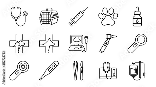 Veterinary Icons Set: Pet Care, Medical Equipment, Clinic Symbols