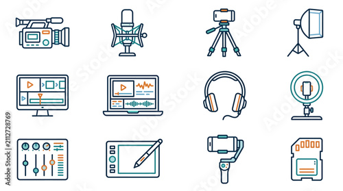 Video Production Equipment Icons: Camera, Microphone, Laptop, Lighting