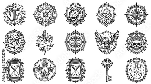 Vintage Emblem Collection: Anchor, Rose, Lion, Skull, Compass, Eagle