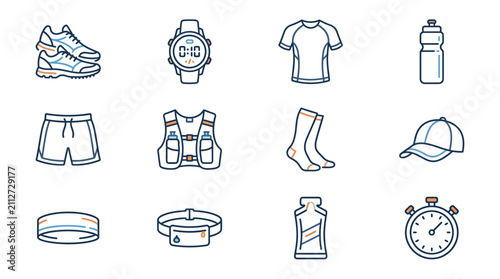 Running Gear Icons: Shoes, Watch, Clothes, Hydration, Accessories