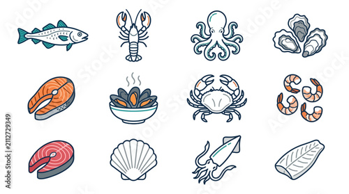 Seafood Icons Collection: Fish, Lobster, Octopus, Oysters, Salmon, Shrimp
