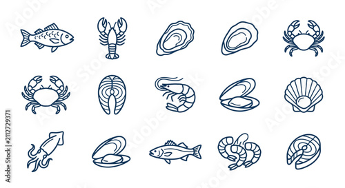 Seafood Icons Set: Fish, Lobster, Oysters, Crab, Shrimp, Squid