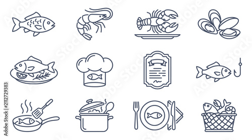 Seafood Icons: Fish, Shrimp, Lobster, Oysters, Cooking, Menu, Basket
